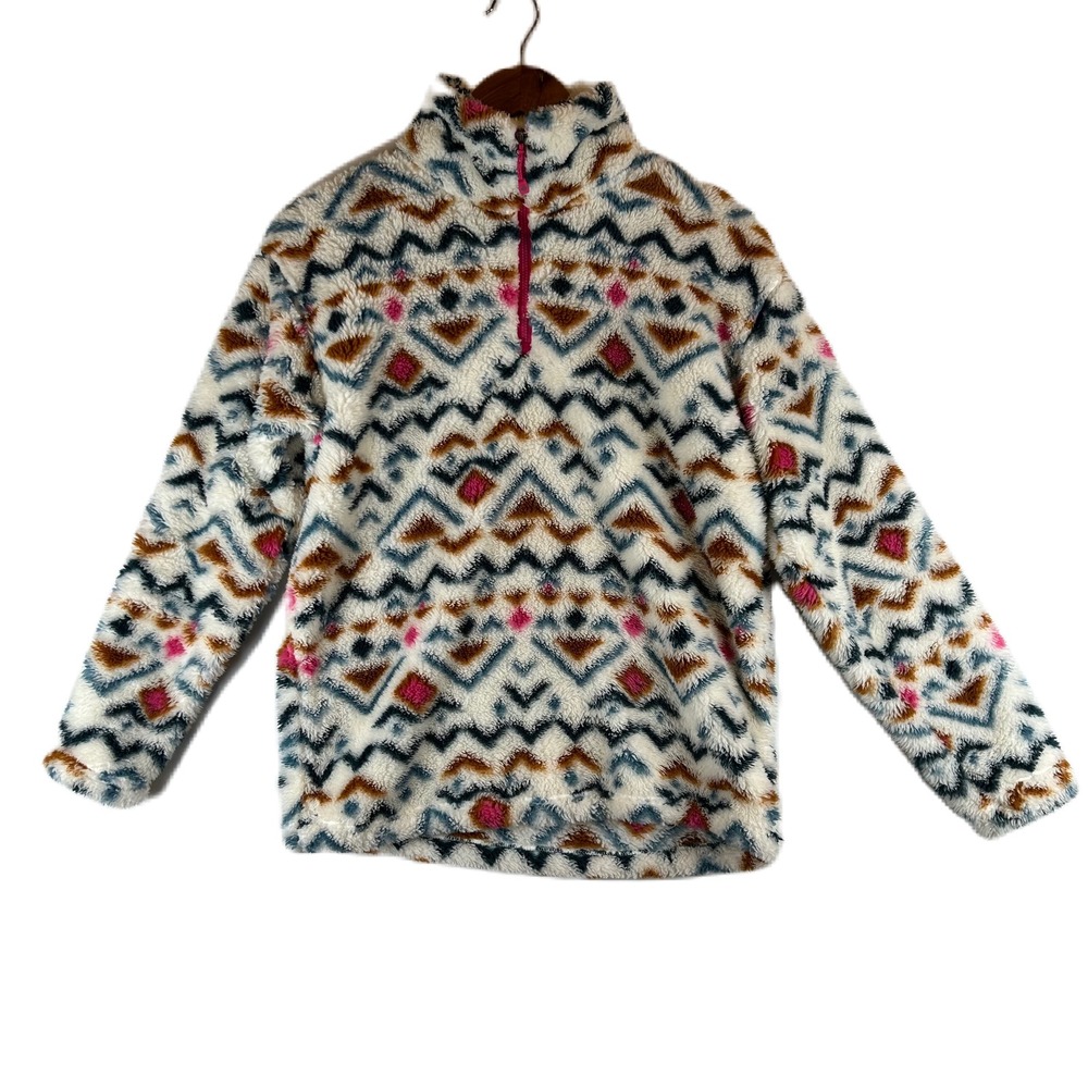 Eddie Bauer Womens Small Faux Fur Pullover Aztec Print Quarter Zip Pink Trim‎ - Picture 2 of 14